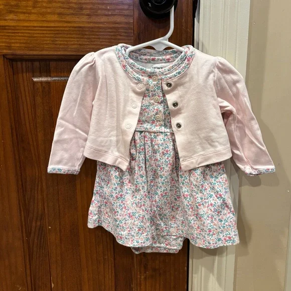 Carter's Pink and Blue Floral Baby Dress with Coordinating Sweater (Size: 6 mo) - Picture 3 of 10